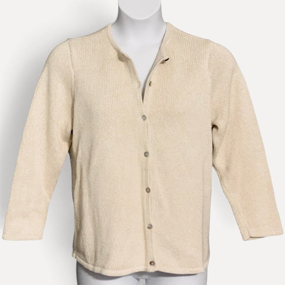 Vintage 90s L.L. Bean Cardigan Sweater 1X Oatmeal Cotton Mother of Pearl Buttons